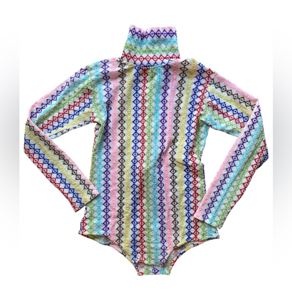 RARE 60’s BARONET LINGERIE LACE DIAMOND RAINBOW GEOMETRIC BODYSUIT LONG SLEEVE S